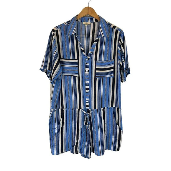 Kori Striped Romper Medium Blue White Black Striped Pockets Drawstring Waist - Picture 1 of 7